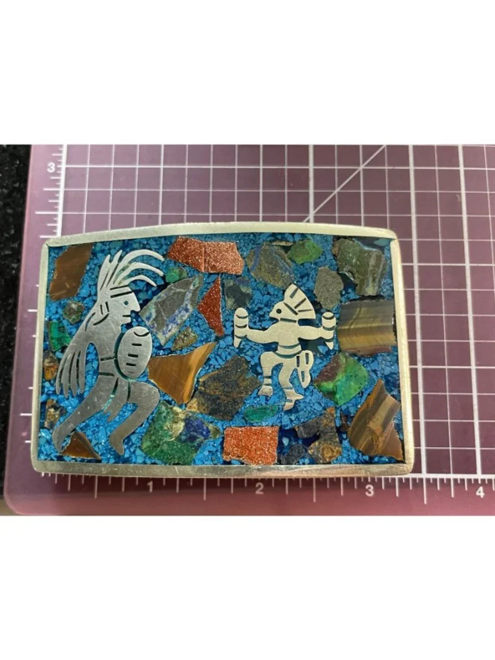 Vintage Southwestern Mosaic Stone Inlay Belt Buckle Pictorial Tribal Figures